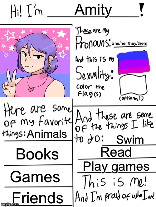This is me! |  Amity; She/her they/them; Animals; Swim; Books; Read; Play games; Games; Friends | image tagged in lgbtq stream account profile,bisexual,lgbtq,lgbt | made w/ Imgflip meme maker