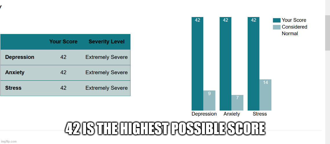 :( | 42 IS THE HIGHEST POSSIBLE SCORE | image tagged in i suck | made w/ Imgflip meme maker
