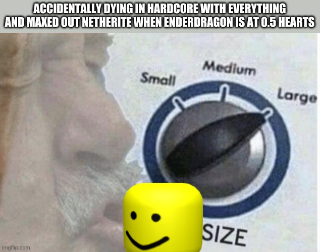 Oof size large | ACCIDENTALLY DYING IN HARDCORE WITH EVERYTHING AND MAXED OUT NETHERITE WHEN ENDERDRAGON IS AT 0.5 HEARTS | image tagged in oof size large | made w/ Imgflip meme maker