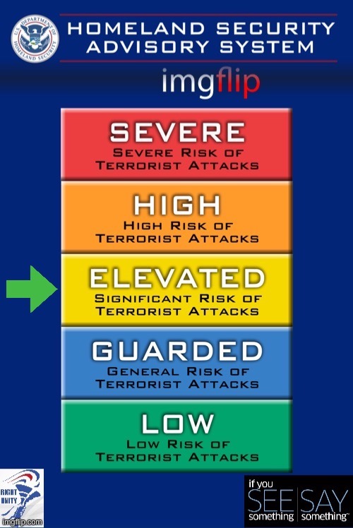 AoS has broken up and one of them has seemingly renounced extremism. Threat level down another notch | image tagged in rup homeland security elevated,aos,authority of steel,imgflip_presidents,news,homeland security | made w/ Imgflip meme maker
