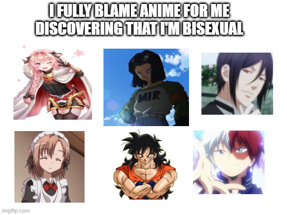 Yes | I FULLY BLAME ANIME FOR ME DISCOVERING THAT I'M BISEXUAL | image tagged in blank white template | made w/ Imgflip meme maker