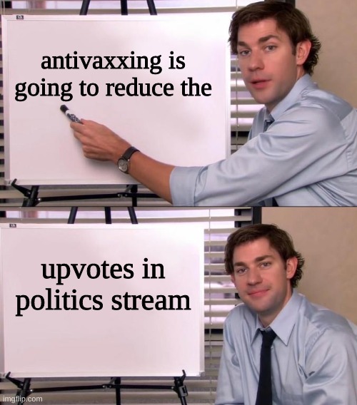 you can't die of a hoax | antivaxxing is going to reduce the; upvotes in politics stream | image tagged in jim halpert explains,covidiots,antivax,conservative logic,darwin,denial | made w/ Imgflip meme maker