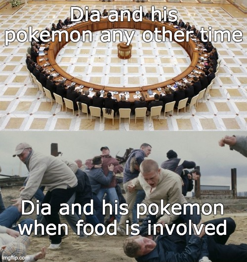 Diamond Pokespe |  Dia and his pokemon any other time; Dia and his pokemon when food is involved | image tagged in men discussing men fighting | made w/ Imgflip meme maker