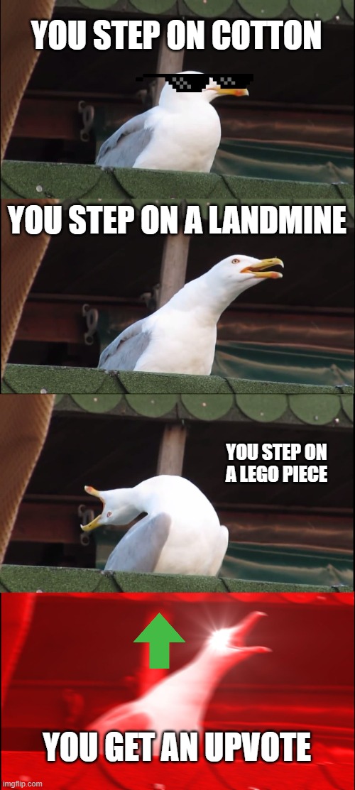 so true | YOU STEP ON COTTON; YOU STEP ON A LANDMINE; YOU STEP ON A LEGO PIECE; YOU GET AN UPVOTE | image tagged in memes,inhaling seagull | made w/ Imgflip meme maker