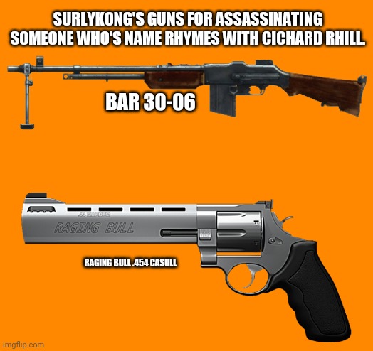 Get your guns at Pepes and get em registered! | SURLYKONG'S GUNS FOR ASSASSINATING SOMEONE WHO'S NAME RHYMES WITH CICHARD RHILL. BAR 30-06 RAGING BULL .454 CASULL | image tagged in assassination,they might be coming back,get your guns,now,pepe the frog,gun shop | made w/ Imgflip meme maker