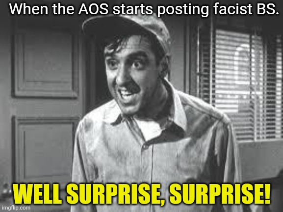 Gomer Pyle | When the AOS starts posting facist BS. WELL SURPRISE, SURPRISE! | image tagged in gomer pyle | made w/ Imgflip meme maker