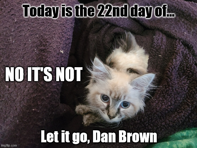 Let it Go, Dan Brown | Today is the 22nd day of... NO IT'S NOT; Let it go, Dan Brown | image tagged in conspiracy theory,kittens,numerology,humor,conspiracy,numbers | made w/ Imgflip meme maker