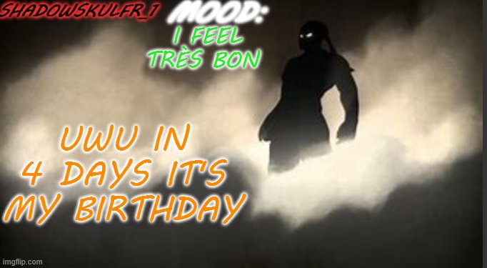 UwUwUwU | I FEEL TRÈS BON; UWU IN 4 DAYS IT'S MY BIRTHDAY | image tagged in shadowskulfr_1 template | made w/ Imgflip meme maker