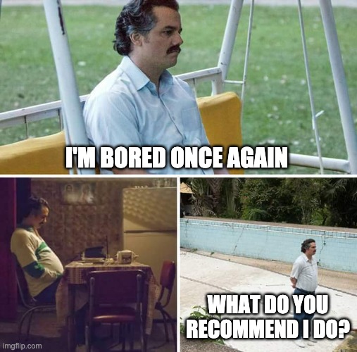 I'm an idiot, asking msmg a question, what a fool | I'M BORED ONCE AGAIN; WHAT DO YOU RECOMMEND I DO? | image tagged in memes,sad pablo escobar,unfunny | made w/ Imgflip meme maker