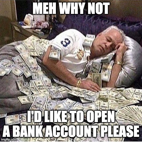 IncognitoGuy bank account (rank: Congressperson) | MEH WHY NOT; I'D LIKE TO OPEN A BANK ACCOUNT PLEASE | image tagged in bankers | made w/ Imgflip meme maker