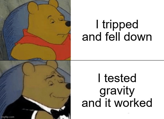 Much better | I tripped and fell down; I tested gravity and it worked | image tagged in memes,tuxedo winnie the pooh | made w/ Imgflip meme maker
