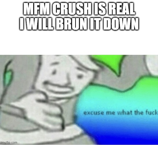 Excuse me wtf blank template | MFM CRUSH IS REAL I WILL BRUN IT DOWN | image tagged in excuse me wtf blank template | made w/ Imgflip meme maker