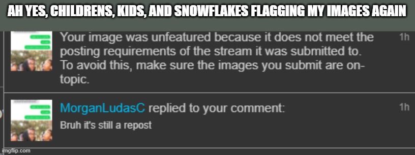 AH YES, CHILDRENS, KIDS, AND SNOWFLAKES FLAGGING MY IMAGES AGAIN | made w/ Imgflip meme maker