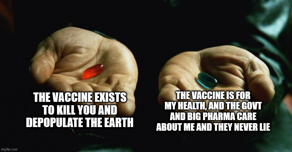Pro-vaxers are reeeeally dumb (and soon to be dead) | THE VACCINE EXISTS TO KILL YOU AND DEPOPULATE THE EARTH; THE VACCINE IS FOR MY HEALTH, AND THE GOVT AND BIG PHARMA CARE ABOUT ME AND THEY NEVER LIE | image tagged in red pill blue pill,covid,vaccine,vaccines | made w/ Imgflip meme maker