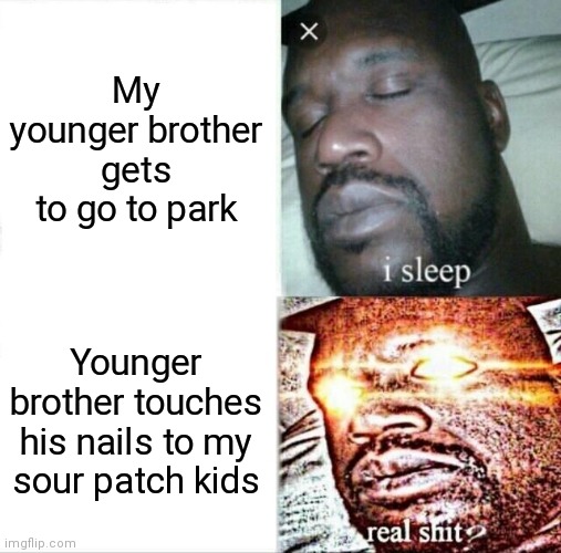 Slleeeeeepp!!! | My younger brother gets to go to park; Younger brother touches his nails to my sour patch kids | image tagged in memes,sleeping shaq | made w/ Imgflip meme maker