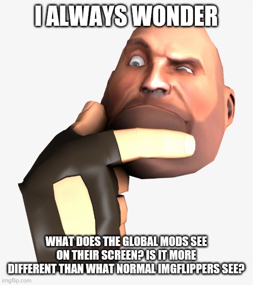 heavy tf2 thinking | I ALWAYS WONDER; WHAT DOES THE GLOBAL MODS SEE ON THEIR SCREEN? IS IT MORE DIFFERENT THAN WHAT NORMAL IMGFLIPPERS SEE? | image tagged in heavy tf2 thinking | made w/ Imgflip meme maker