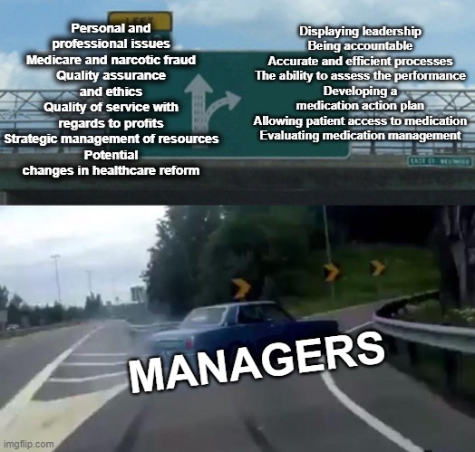 FN | Personal and professional issues
Medicare and narcotic fraud
Quality assurance and ethics
Quality of service with regards to profits
Strategic management of resources
Potential changes in healthcare reform; Displaying leadership
Being accountable
Accurate and efficient processes
The ability to assess the performance
Developing a medication action plan
Allowing patient access to medication
Evaluating medication management; MANAGERS | image tagged in memes,left exit 12 off ramp | made w/ Imgflip meme maker