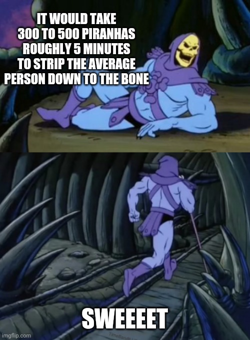 Badass fish | IT WOULD TAKE 300 TO 500 PIRANHAS ROUGHLY 5 MINUTES TO STRIP THE AVERAGE PERSON DOWN TO THE BONE; SWEEEET | image tagged in disturbing facts skeletor | made w/ Imgflip meme maker