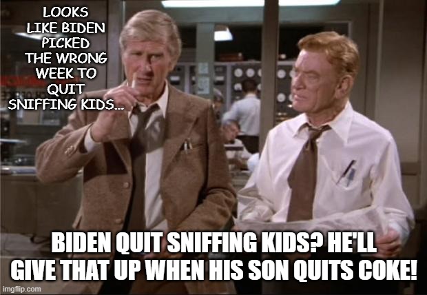 Airplane Wrong Week | LOOKS LIKE BIDEN PICKED THE WRONG WEEK TO QUIT SNIFFING KIDS... BIDEN QUIT SNIFFING KIDS? HE'LL GIVE THAT UP WHEN HIS SON QUITS COKE! | image tagged in airplane wrong week | made w/ Imgflip meme maker