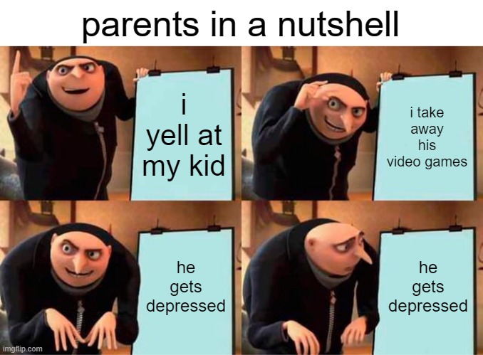 free catsear | parents in a nutshell; i yell at my kid; i take away his video games; he gets depressed; he gets depressed | image tagged in memes,gru's plan | made w/ Imgflip meme maker