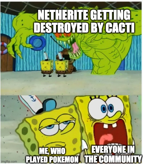 it's the matchup lol | NETHERITE GETTING DESTROYED BY CACTI; EVERYONE IN THE COMMUNITY; ME, WHO PLAYED POKEMON | image tagged in minecraft | made w/ Imgflip meme maker
