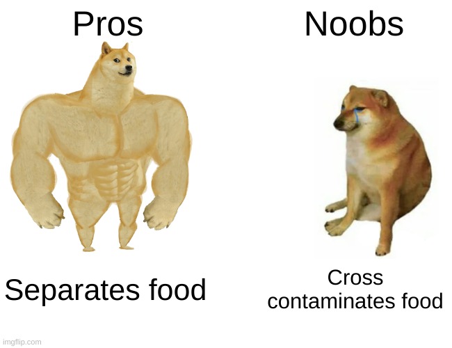Buff Doge vs. Cheems | Pros; Noobs; Separates food; Cross contaminates food | image tagged in memes,buff doge vs cheems | made w/ Imgflip meme maker