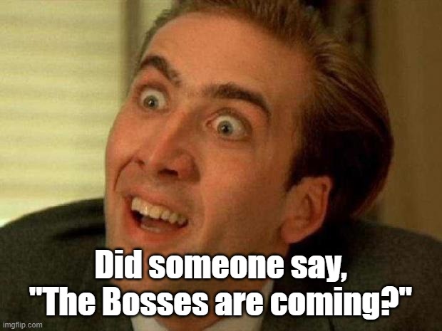 The Bosses Are Coming! | Did someone say, "The Bosses are coming?" | image tagged in nicolas cage | made w/ Imgflip meme maker
