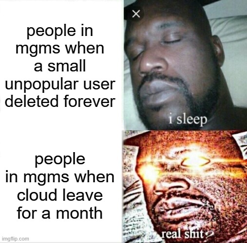 Sleeping Shaq Meme | people in mgms when a small unpopular user deleted forever; people in mgms when cloud leave for a month | image tagged in memes,sleeping shaq | made w/ Imgflip meme maker