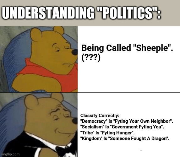 1-2-3-4, We-Dont-Want Your-Stinking-War! | UNDERSTANDING "POLITICS":; Being Called "Sheeple".
(???); Classify Correctly:
"Democracy" Is "Fyting Your Own Neighbor".
"Socialism" Is "Government Fyting You".
"Tribe" Is "Fyting Hunger".
"Kingdom" Is "Someone Fought A Dragon". | image tagged in memes,politics,politics lol,sheeple | made w/ Imgflip meme maker