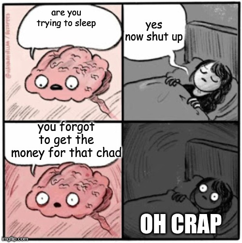 Brain Before Sleep | yes now shut up; are you trying to sleep; you forgot to get the money for that chad; OH CRAP | image tagged in brain before sleep | made w/ Imgflip meme maker