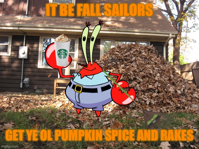 IT BE FALL SAILORS; GET YE OL PUMPKIN SPICE AND RAKES | made w/ Imgflip meme maker