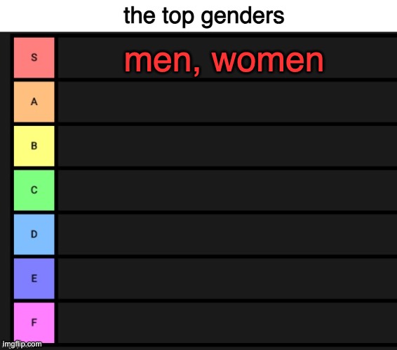 go ahead, tell the mods | the top genders; men, women | image tagged in tier list | made w/ Imgflip meme maker