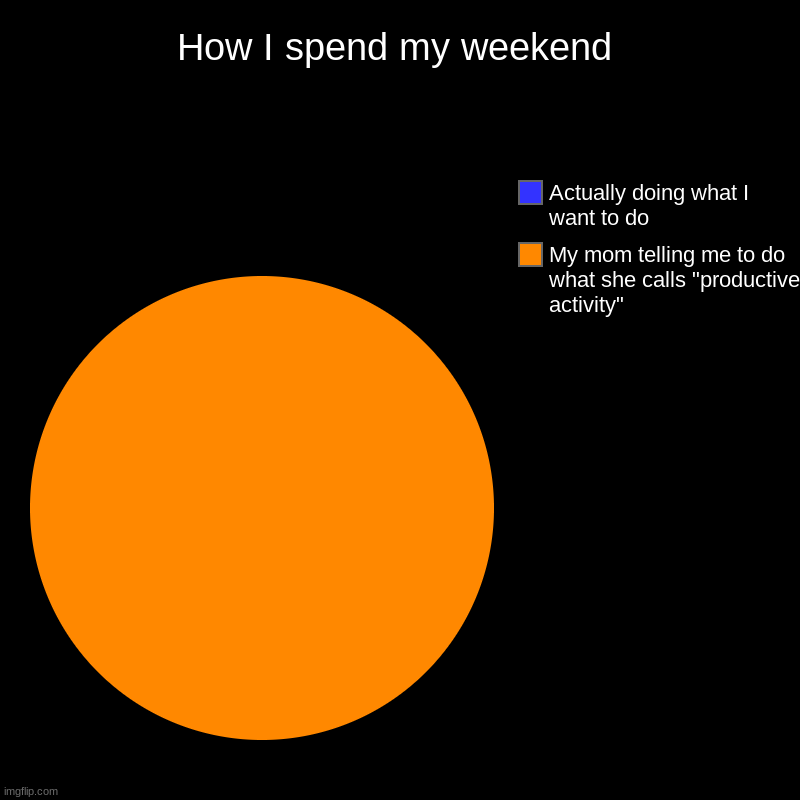 How I spend my weekend | My mom telling me to do what she calls "productive activity", Actually doing what I want to do | image tagged in charts,pie charts | made w/ Imgflip chart maker