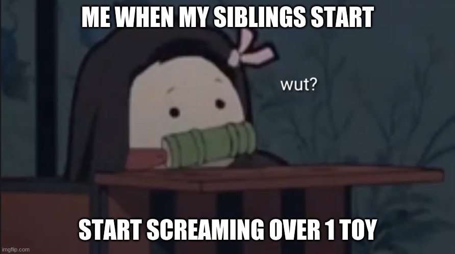 Nezuko wot? | ME WHEN MY SIBLINGS START; START SCREAMING OVER 1 TOY | image tagged in nezuko wot | made w/ Imgflip meme maker