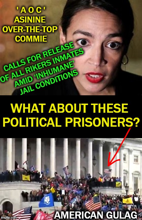 Crazy O'Casio & 3 NY House Dems Want to Free apx. 6,000 Island Inmates...WTH? |  ' A O C '
ASININE 
OVER-THE-TOP 
COMMIE; CALLS FOR RELEASE 
OF ALL RIKERS INMATES 
AMID ‘INHUMANE’ 
JAIL CONDITIONS; WHAT ABOUT THESE 
POLITICAL PRISONERS? AMERICAN GULAG | image tagged in politics,crazy alexandria ocasio-cortez,democrats,wth,leftists,law and order | made w/ Imgflip meme maker