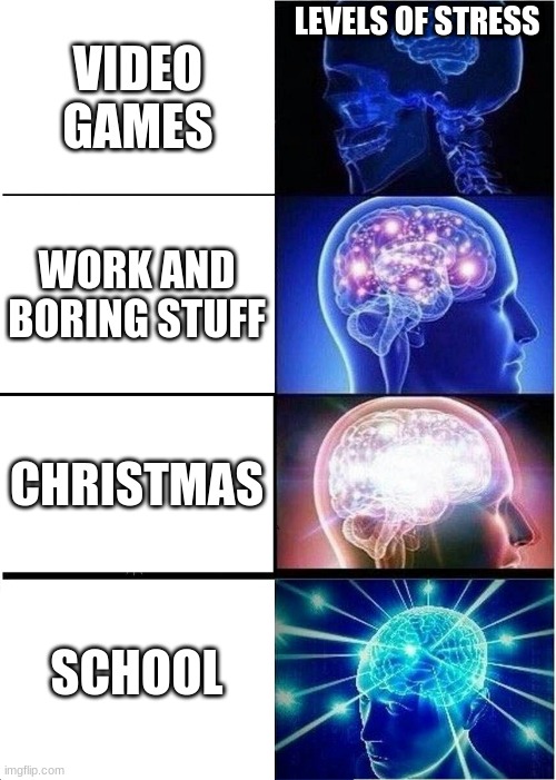 Expanding Brain | LEVELS OF STRESS; VIDEO GAMES; WORK AND BORING STUFF; CHRISTMAS; SCHOOL | image tagged in memes,expanding brain | made w/ Imgflip meme maker