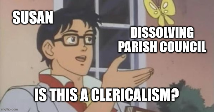 Is This a Pigeon | SUSAN; DISSOLVING PARISH COUNCIL; IS THIS A CLERICALISM? | image tagged in is this a pigeon | made w/ Imgflip meme maker