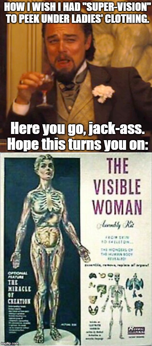 Watch what you wish for. | HOW I WISH I HAD "SUPER-VISION" TO PEEK UNDER LADIES' CLOTHING. Here you go, jack-ass. Hope this turns you on: | image tagged in laughing leo | made w/ Imgflip meme maker