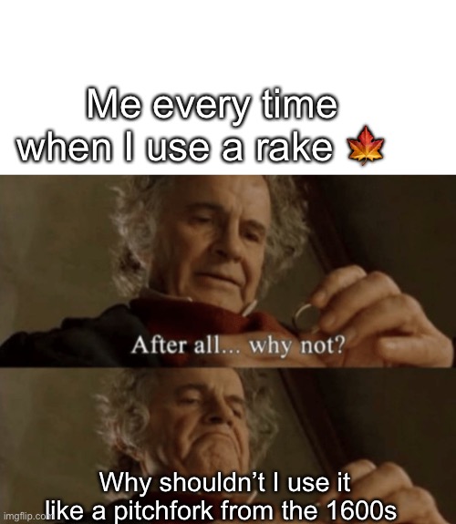 After all.. why not? | Me every time when I use a rake 🍁; Why shouldn’t I use it like a pitchfork from the 1600s | image tagged in after all why not | made w/ Imgflip meme maker