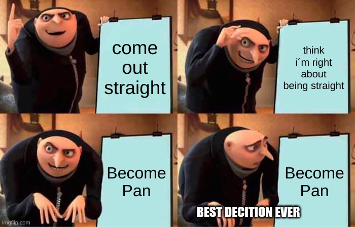 Gru's Plan Meme | come out straight; think i´m right about being straight; Become Pan; Become Pan; BEST DECITION EVER | image tagged in memes,gru's plan | made w/ Imgflip meme maker