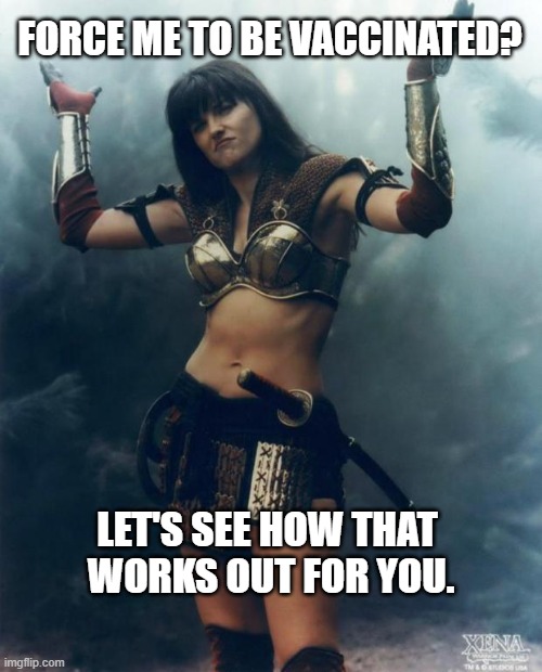 Come at Me, Joe! | FORCE ME TO BE VACCINATED? LET'S SEE HOW THAT 
WORKS OUT FOR YOU. | image tagged in xena come at me bro,mandate,vaccine,covid-19,warrior,vaccination | made w/ Imgflip meme maker