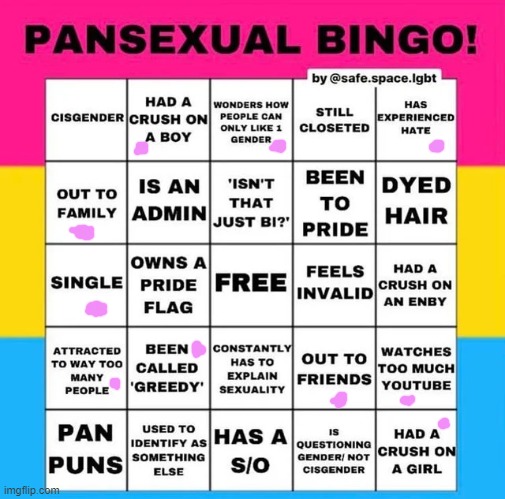 i'm still pan :p | image tagged in pansexual bingo | made w/ Imgflip meme maker