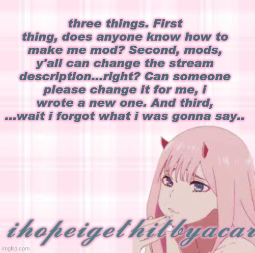 ihopeigethitbyacar template 3 | three things. First thing, does anyone know how to make me mod? Second, mods, y'all can change the stream description...right? Can someone please change it for me, i wrote a new one. And third, ...wait i forgot what i was gonna say.. | image tagged in ihopeigethitbyacar template 3 | made w/ Imgflip meme maker