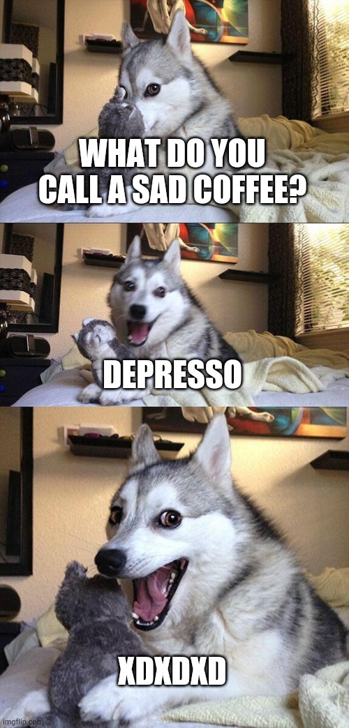 :3 | WHAT DO YOU CALL A SAD COFFEE? DEPRESSO; XDXDXD | image tagged in memes,bad pun dog | made w/ Imgflip meme maker