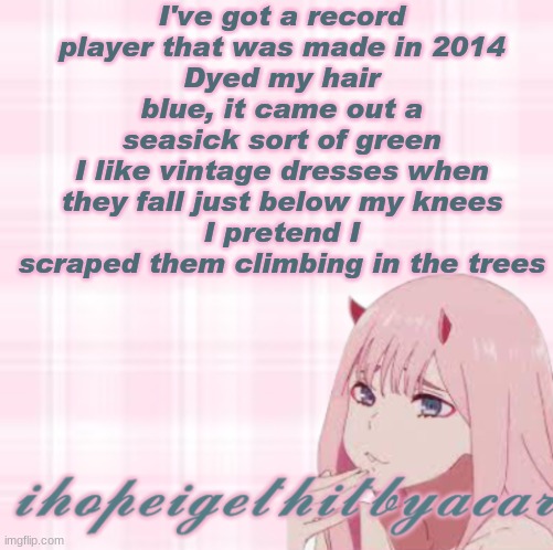 e | I've got a record player that was made in 2014
Dyed my hair blue, it came out a seasick sort of green
I like vintage dresses when they fall just below my knees
I pretend I scraped them climbing in the trees | image tagged in daisy the great,thats who made it lol,its a song | made w/ Imgflip meme maker
