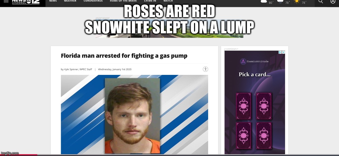 ROSES ARE RED
SNOWHITE SLEPT ON A LUMP | image tagged in florida man,meme,memes,gas pump,poetry,poems | made w/ Imgflip meme maker