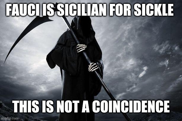 It really is | FAUCI IS SICILIAN FOR SICKLE; THIS IS NOT A COINCIDENCE | image tagged in death | made w/ Imgflip meme maker