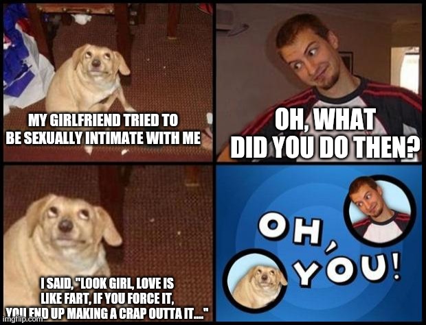 :P | OH, WHAT DID YOU DO THEN? MY GIRLFRIEND TRIED TO BE SEXUALLY INTIMATE WITH ME; I SAID, "LOOK GIRL, LOVE IS LIKE FART, IF YOU FORCE IT, YOU END UP MAKING A CRAP OUTTA IT...." | image tagged in oh you | made w/ Imgflip meme maker