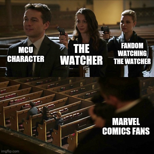 Watching the Watcher | MCU CHARACTER; THE WATCHER; FANDOM WATCHING THE WATCHER; MARVEL COMICS FANS | image tagged in assassination chain,mcu,marvel,marvel comics,movies | made w/ Imgflip meme maker