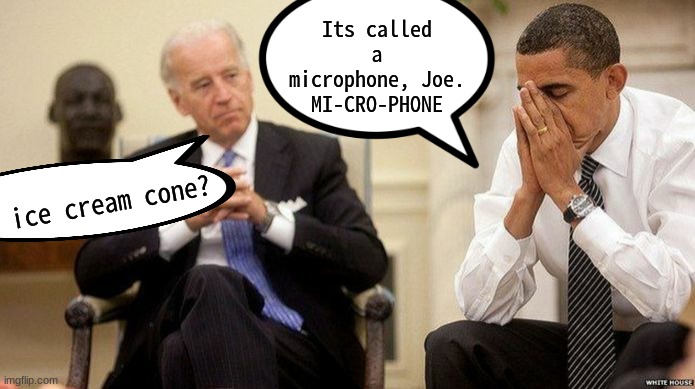 Ice cream cone | Its called a microphone, Joe. MI-CRO-PHONE; ice cream cone? | image tagged in joe biden and obama facepalm | made w/ Imgflip meme maker